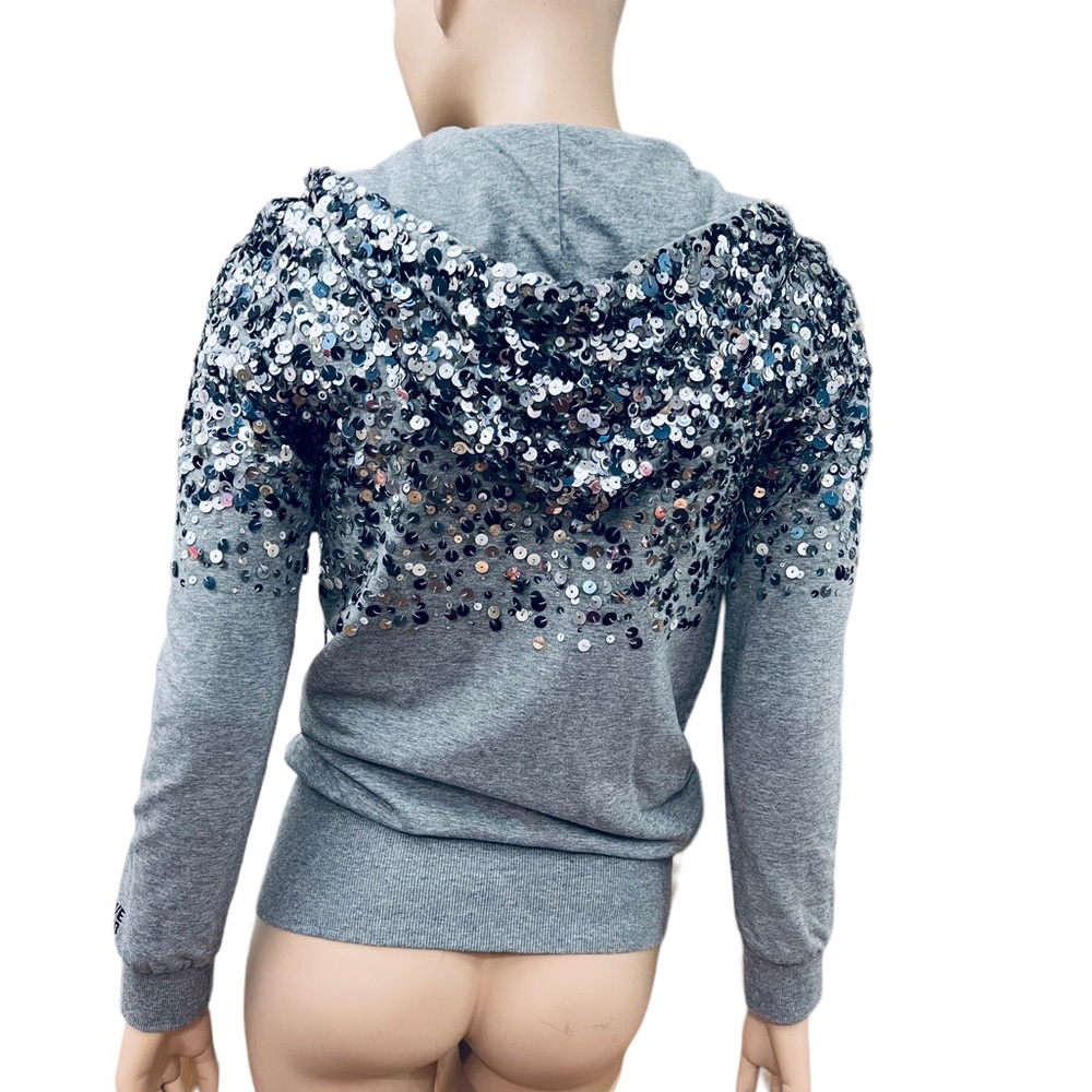 LOVE MOSCHINO METALLIC Sequins Silver Hoodie Size 2 US 96% Cotton 4% Elastane - Picture 3 of 16